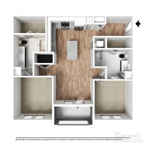 Floor plan for 2 beds, 2 baths, 1067 sqft